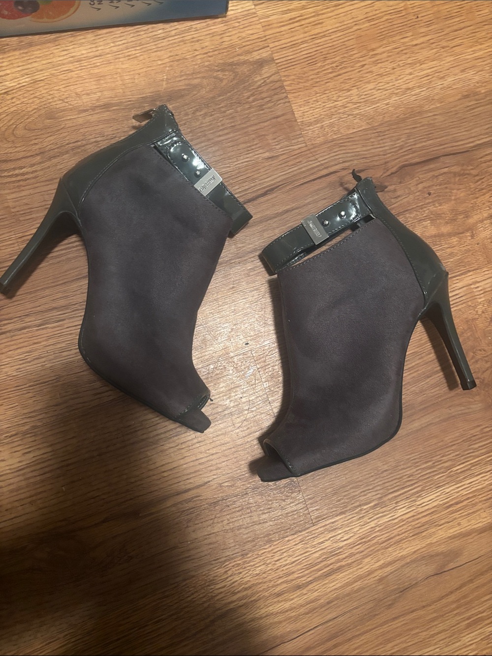 Michael Kors Dark Gray Suede Peep-Toe Ankle Booties with Patent Trim